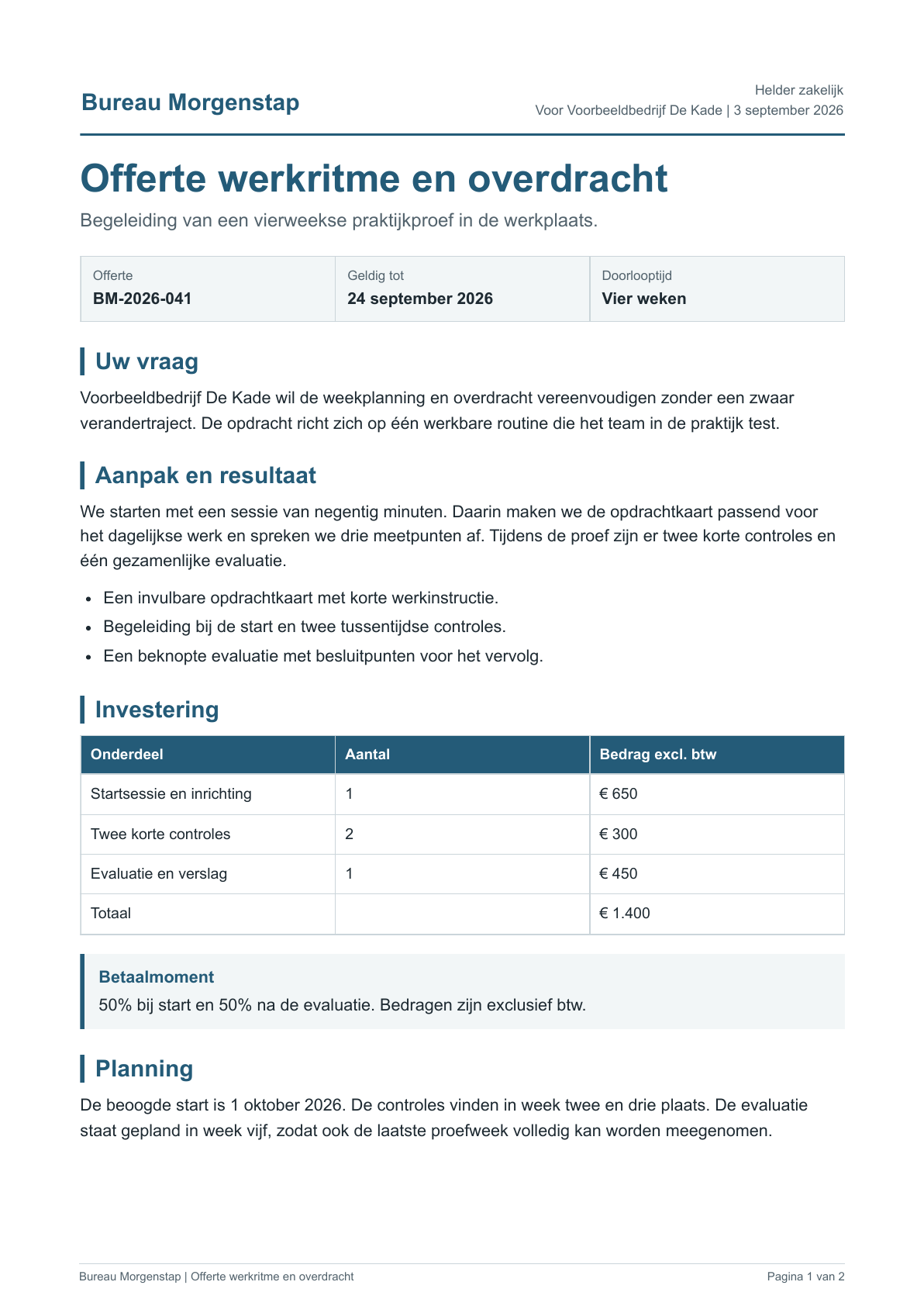 Voorbeeld van een offerte met offertenummer, aanpak en investeringstabel