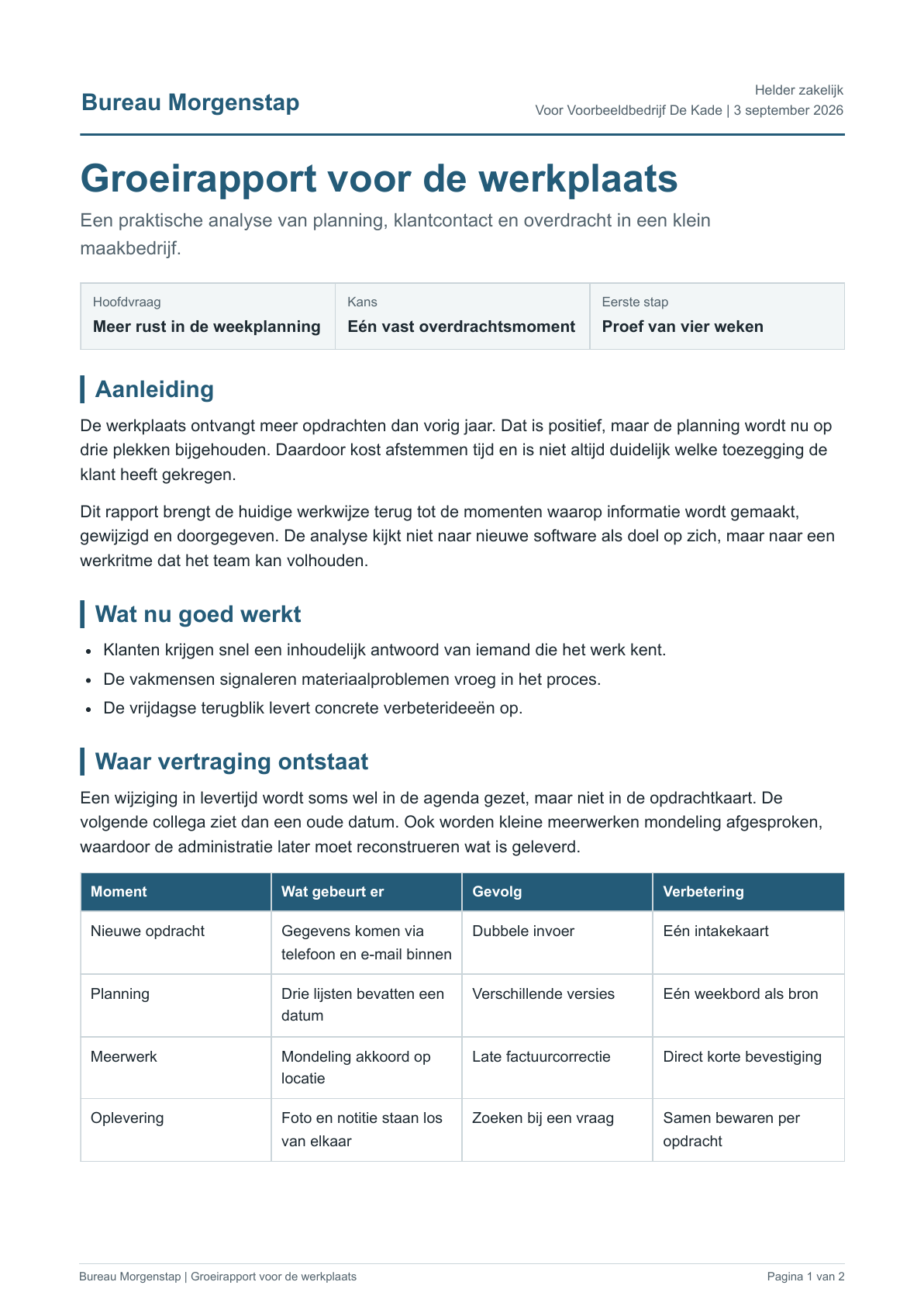 Voorbeeld van een rapport met aanleiding, hoofdvraag en eerste stap